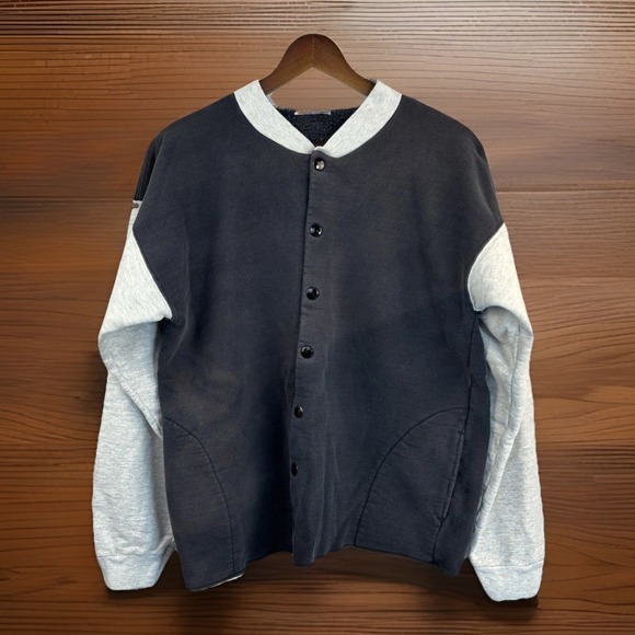 Vintage 80s Discus Athletics Varsity Jacket M Button Sweatshirt Black Gray Faded